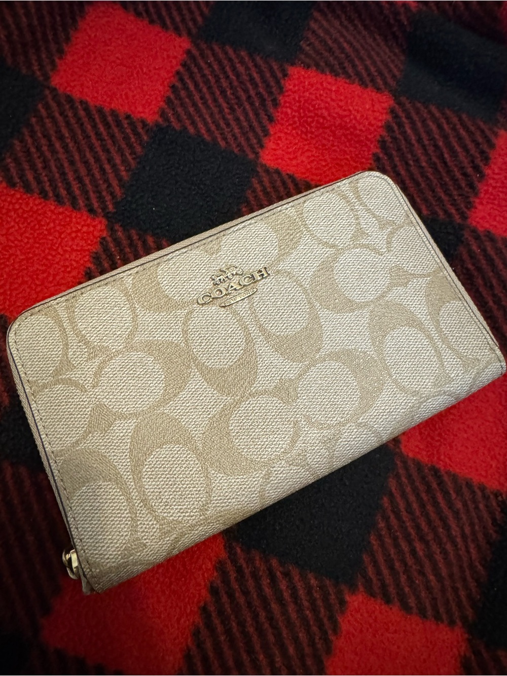 Coach Beige Signature Zip Wallet with Gold Logo